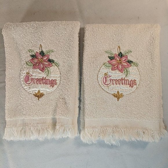 2 Vintage Seasons Greetings Hand Towels Christmas Holiday Bathroom Cannon Cotton - Picture 1 of 6